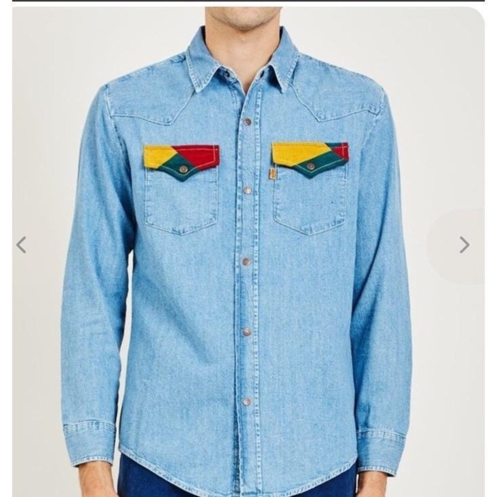 Levi's Orange Tab Denim Western Shirt XL Blue Corduroy Trim Snap Front Vintage